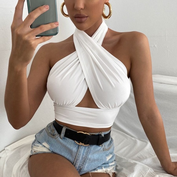 Boho White Ruffle Wrap Halter Crop Top - Picture 2 of 11